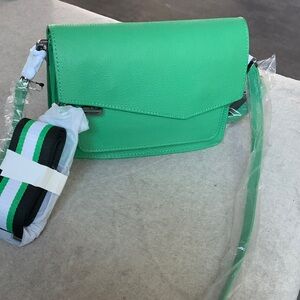 Botkier Green Leather Crossbody with Removable Striped Strap